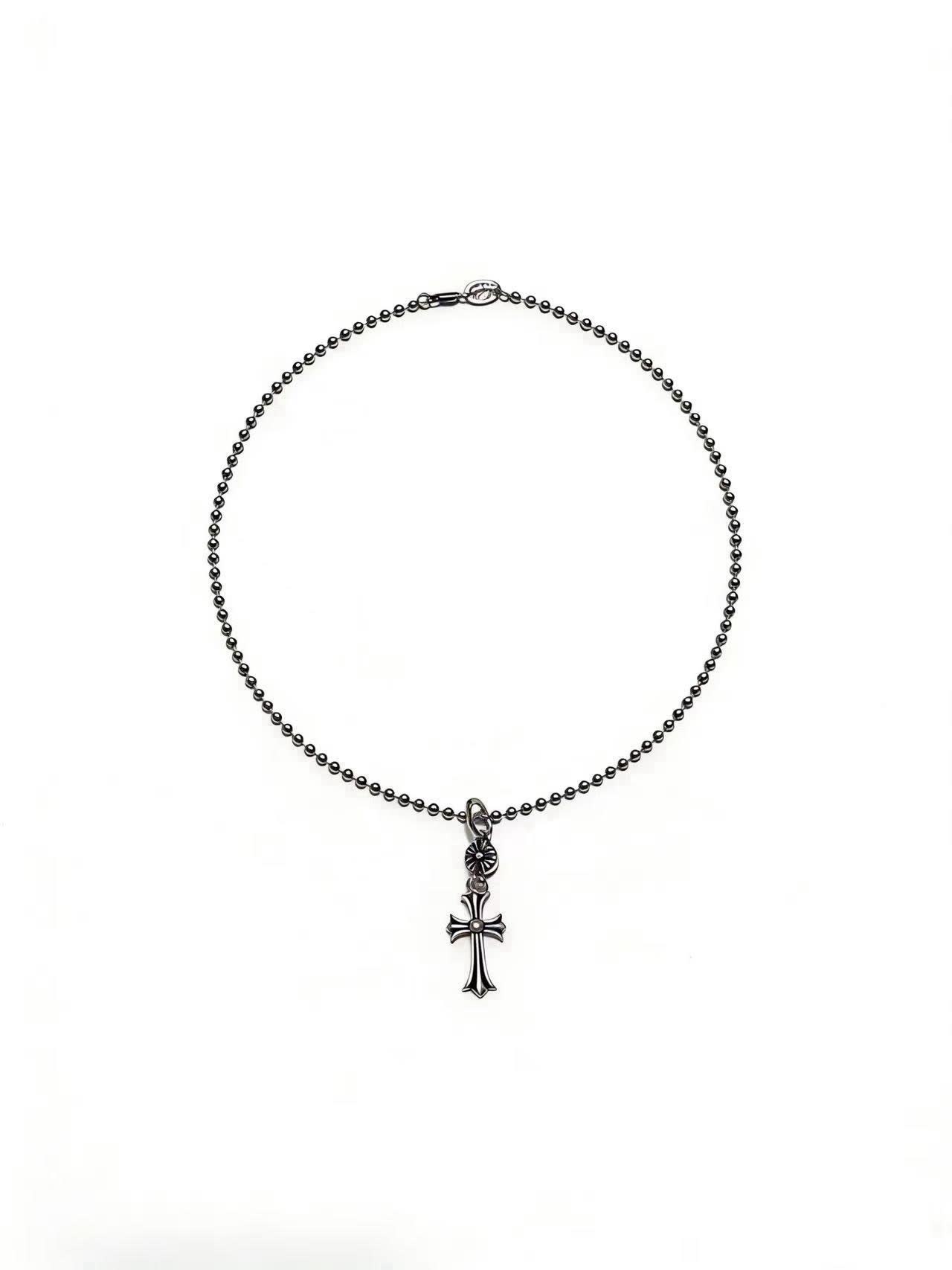 Chrome Hearts Silver Beaded Cross Necklace